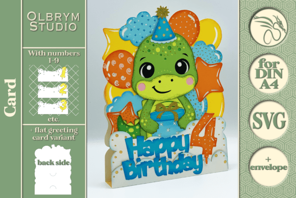Dino Birthday Card: Kawaii Dinosaur 3D SVG for Pop-Up Cards