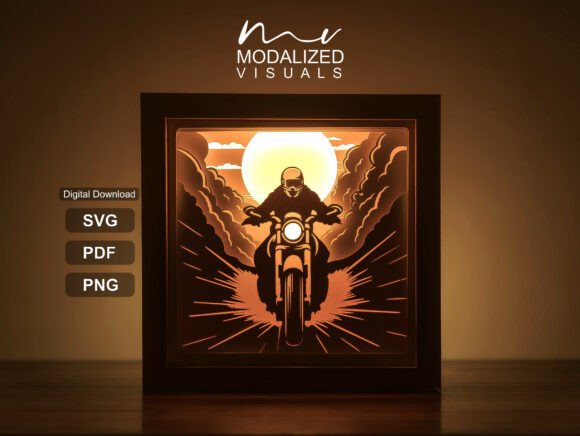Motorcycle Rider Lightbox Paper Cut: 3D SVG Shadow Boxes